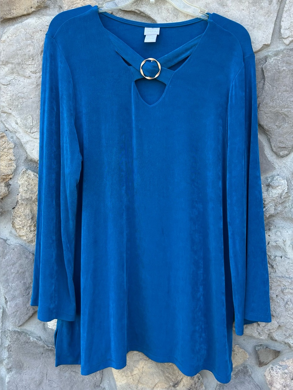 Chicos Travelers Tunic Top Size 3 (XL) Blue Slinky Knit Blouse Casual No Iron